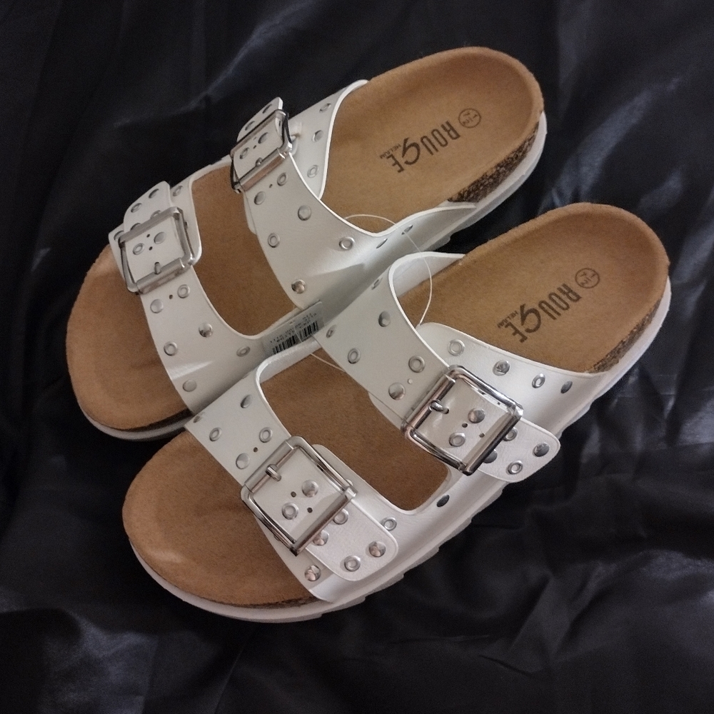 Studded Double Strap White Sandals - Picture 4 of 6